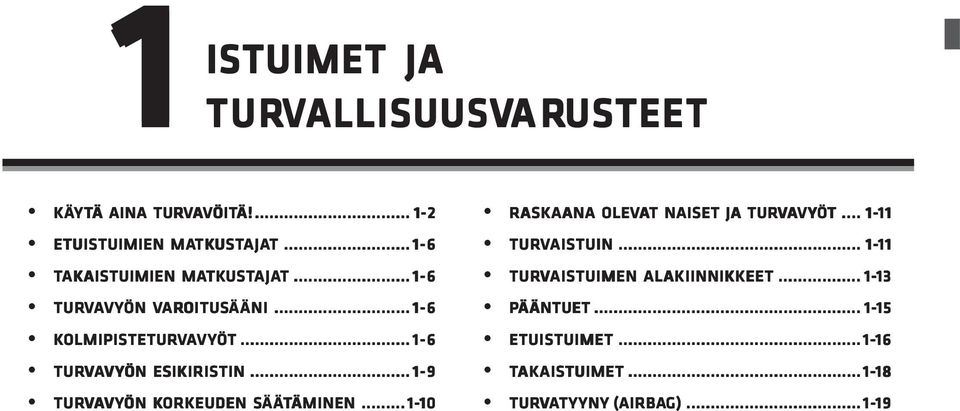 .. 1-6 TURVAVYÖN ESIKIRISTIN... 1-9 TURVAVYÖN KORKEUDEN SÄÄTÄMINEN ÄMINEN... 1-10 10 RASK ASKAANA ANA OLEVAT T NAISET JA TURVAVYÖT... 1-11 11 TURVAISTUIN.