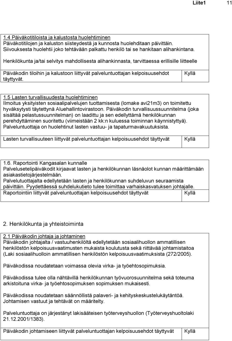 Henkilökunta ja/tai selvitys mahdollisesta alihankinnasta, tarvittaessa erillisille liitteelle Päiväkodin tiloihin ja kalustoon liittyvät palveluntuottajan kelpoisuusehdot täyttyvät. 1.