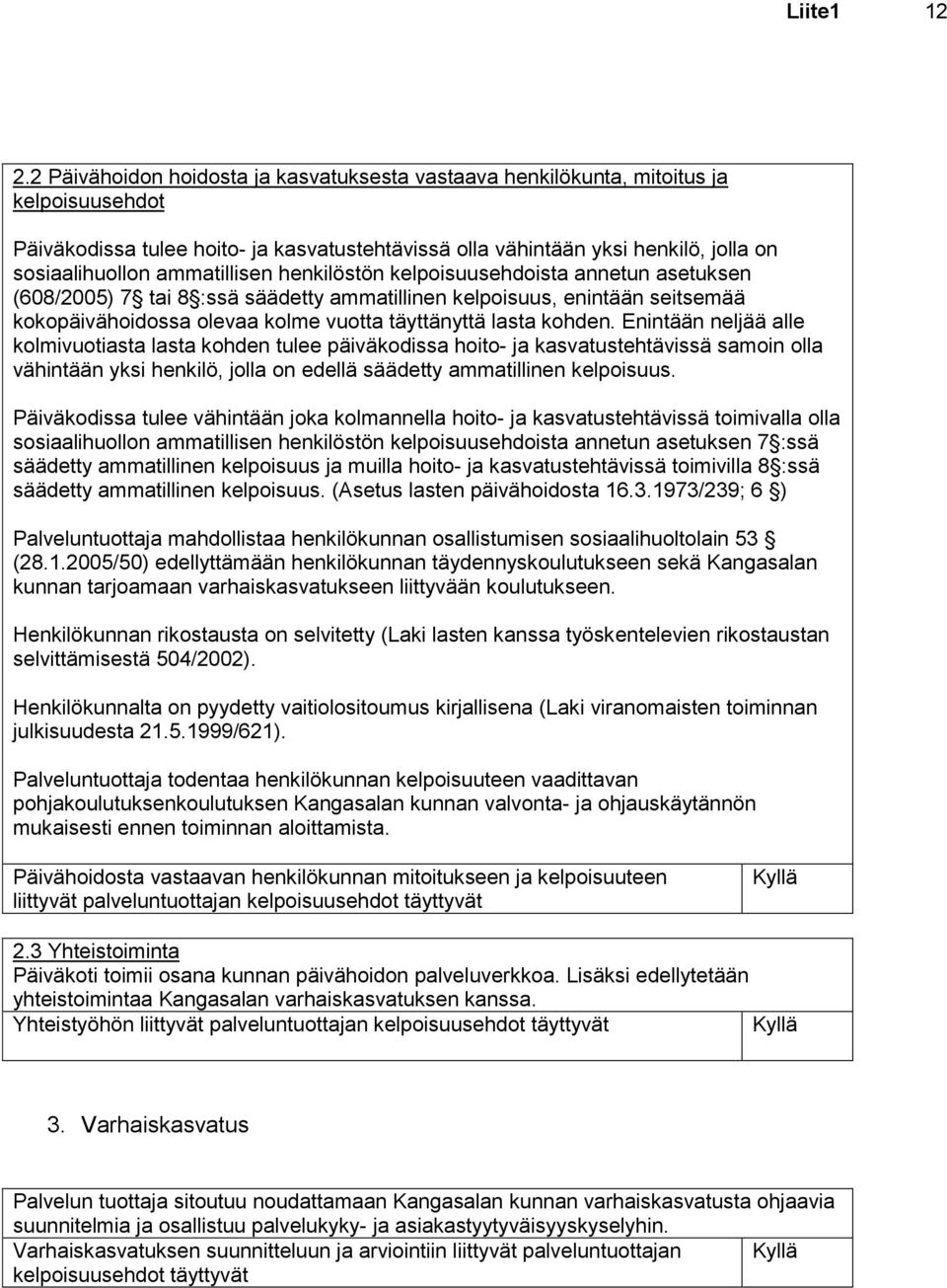 ammatillisen henkilöstön kelpoisuusehdoista annetun asetuksen (608/2005) 7 tai 8 :ssä säädetty ammatillinen kelpoisuus, enintään seitsemää kokopäivähoidossa olevaa kolme vuotta täyttänyttä lasta