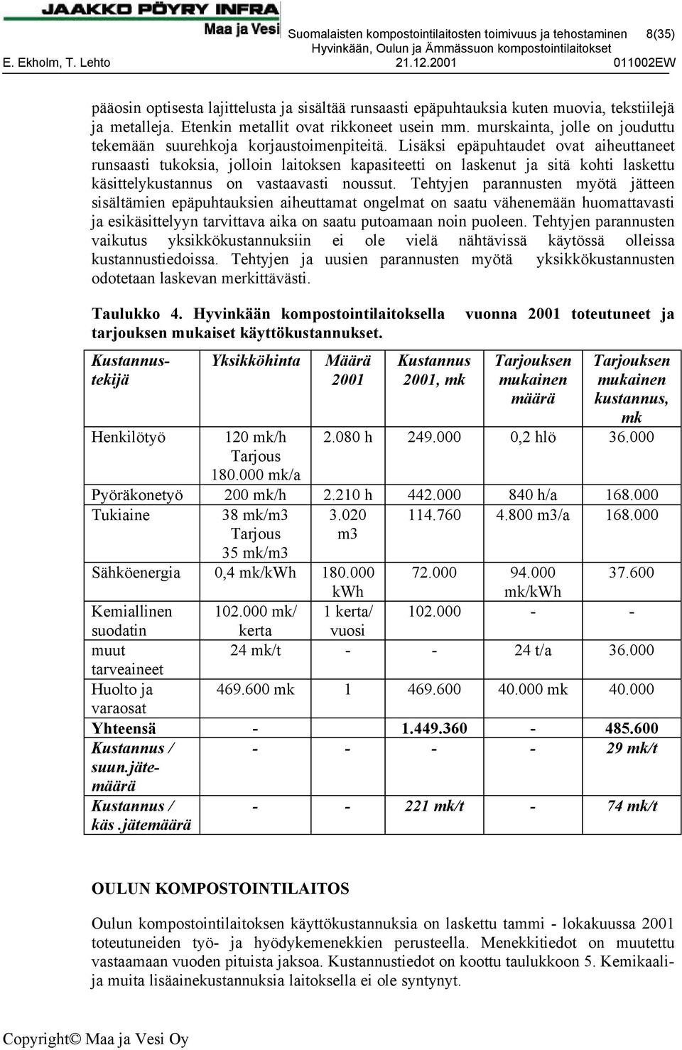 Lisäksi epäpuhtaudet ovat aiheuttaneet runsaasti tukoksia, jolloin laitoksen kapasiteetti on laskenut ja sitä kohti laskettu käsittelykustannus on vastaavasti noussut.
