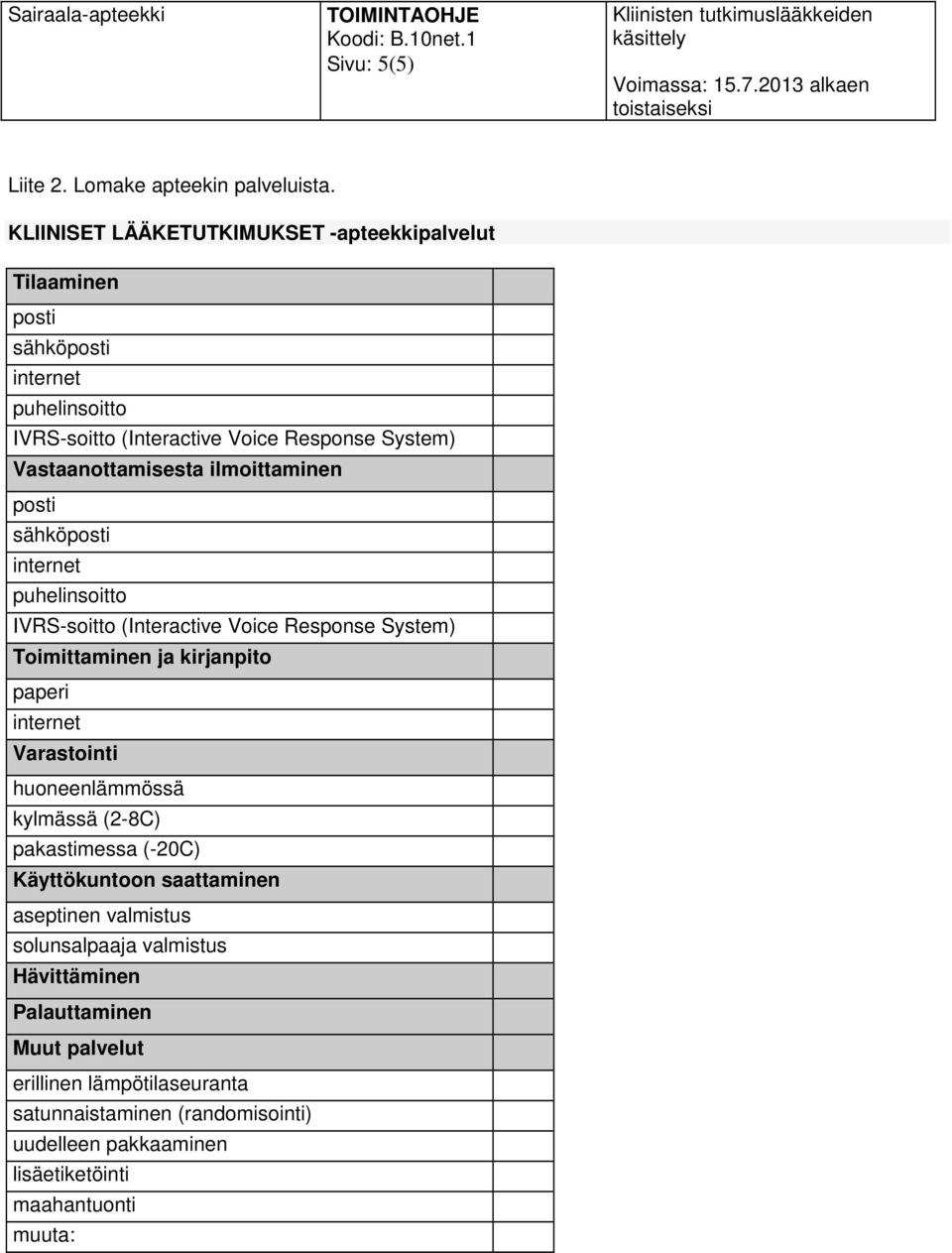 ilmoittaminen posti sähköposti puhelinsoitto IVRS-soitto (Interactive Voice Response System) Toimittaminen ja kirjanpito paperi Varastointi huoneenlämmössä