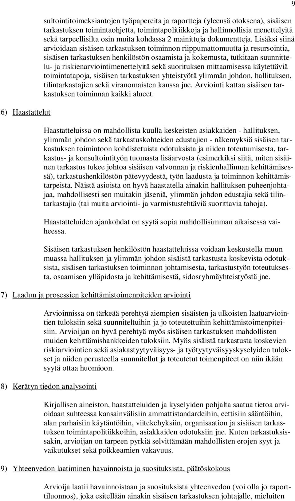 Lisäksi siinä arvioidaan sisäisen tarkastuksen toiminnon riippumattomuutta ja resursointia, sisäisen tarkastuksen henkilöstön osaamista ja kokemusta, tutkitaan suunnittelu- ja