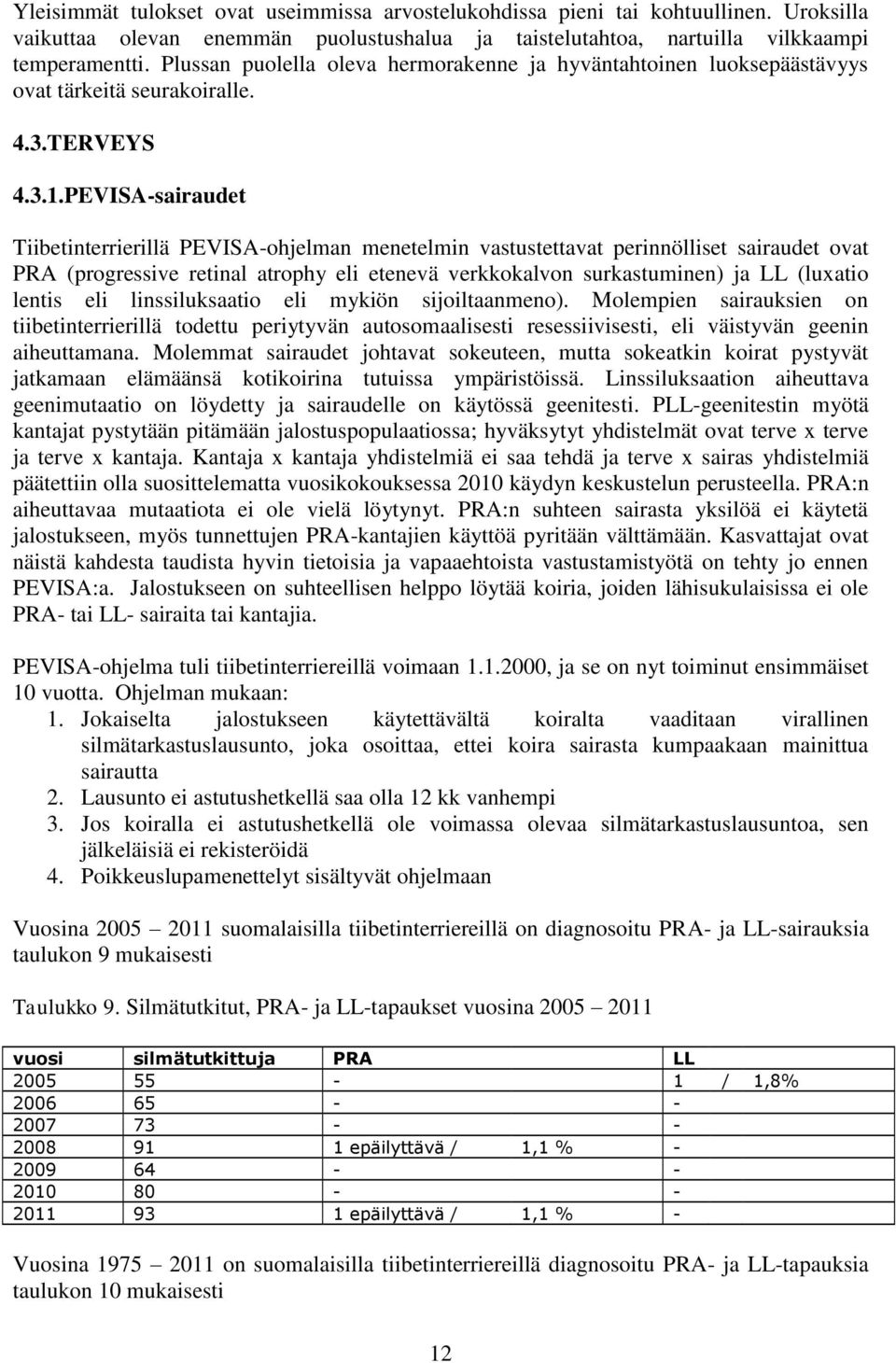 PEVISA-sairaudet Tiibetinterrierillä PEVISA-ohjelman menetelmin vastustettavat perinnölliset sairaudet ovat PRA (progressive retinal atrophy eli etenevä verkkokalvon surkastuminen) ja LL (luxatio