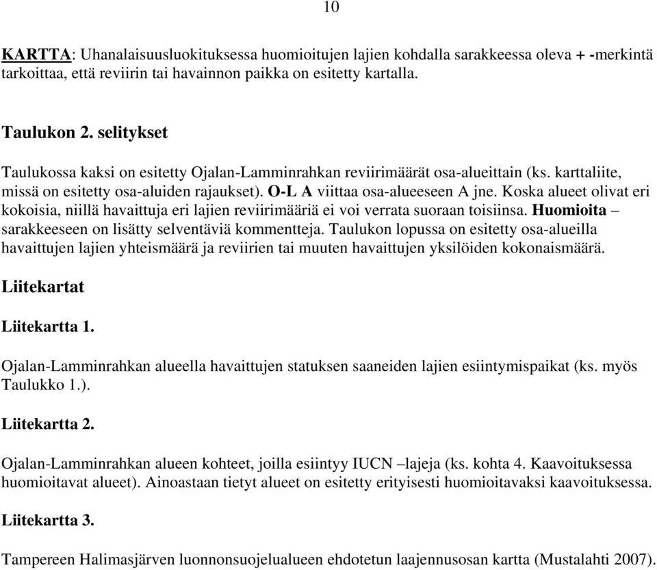 Koska alueet olivat eri kokoisia, niillä havaittuja eri lajien reviirimääriä ei voi verrata suoraan toisiinsa. Huomioita sarakkeeseen on lisätty selventäviä kommentteja.