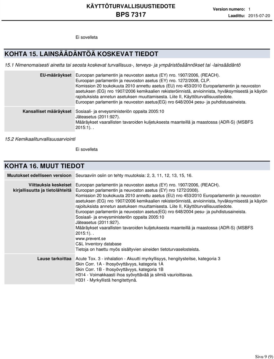 Euroopan parlamentin ja neuvoston asetus (EY) nro. 1272/2008, CLP.