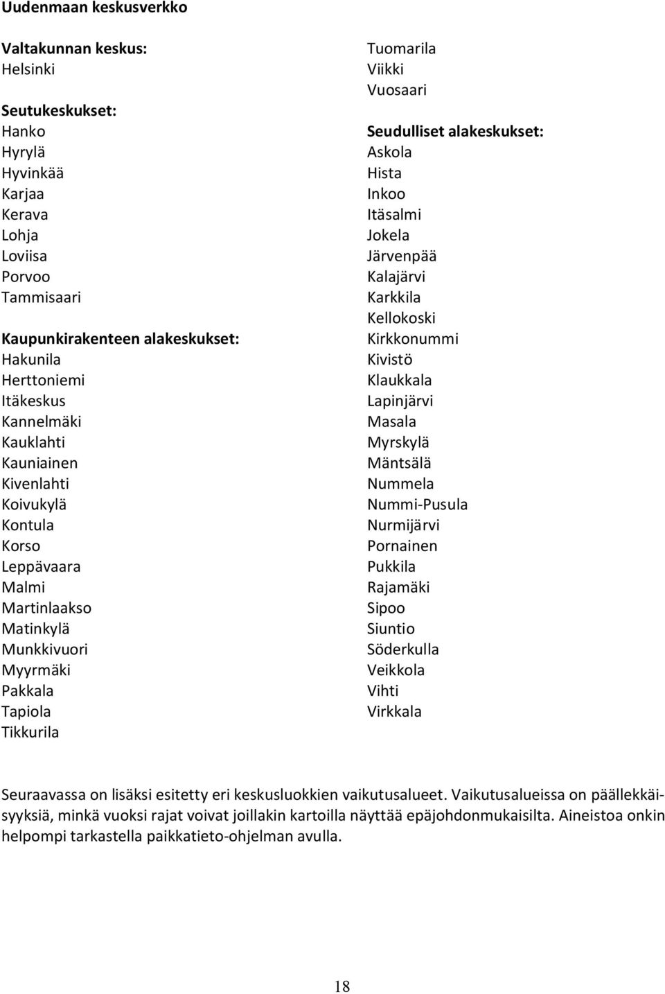 alakeskukset: Askola Hista Inkoo Itäsalmi Jokela Järvenpää Kalajärvi Karkkila Kellokoski Kirkkonummi Kivistö Klaukkala Lapinjärvi Masala Myrskylä Mäntsälä Nummela Nummi-Pusula Nurmijärvi Pornainen