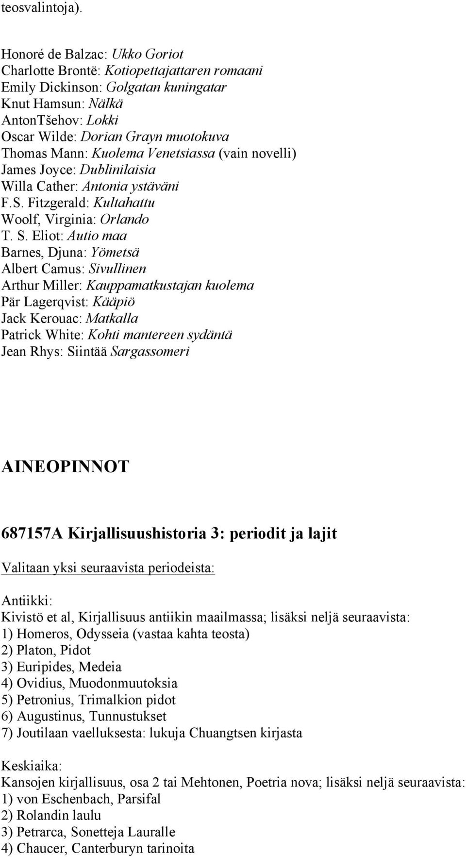 Kuolema Venetsiassa (vain novelli) James Joyce: Dublinilaisia Willa Cather: Antonia ystäväni F.S. Fitzgerald: Kultahattu Woolf, Virginia: Orlando T. S.