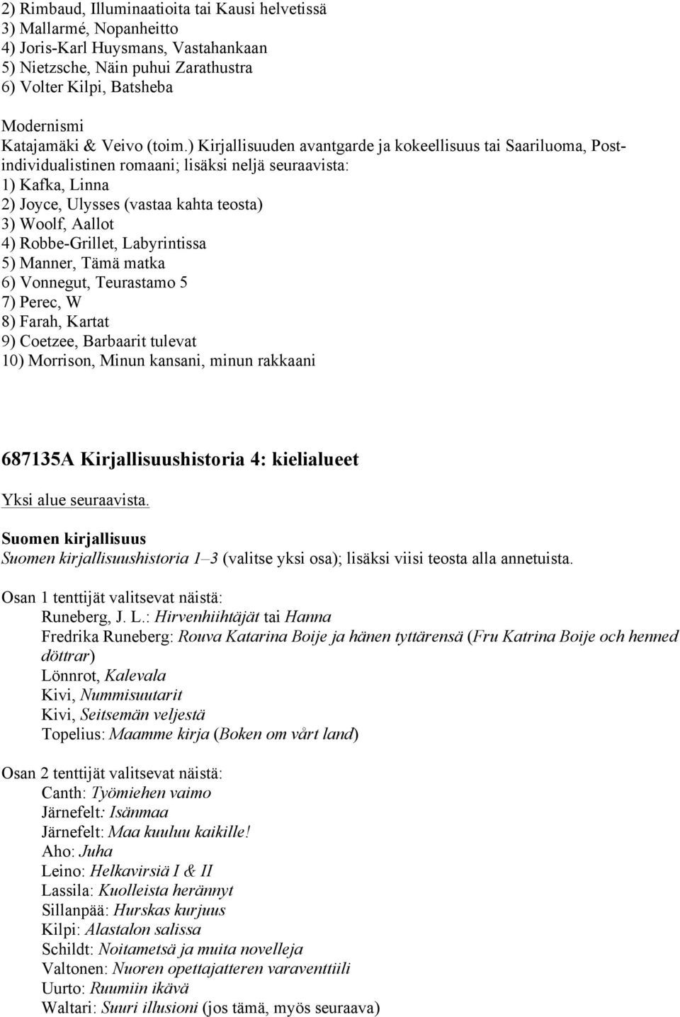 ) Kirjallisuuden avantgarde ja kokeellisuus tai Saariluoma, Postindividualistinen romaani; lisäksi neljä seuraavista: 1) Kafka, Linna 2) Joyce, Ulysses (vastaa kahta teosta) 3) Woolf, Aallot 4)
