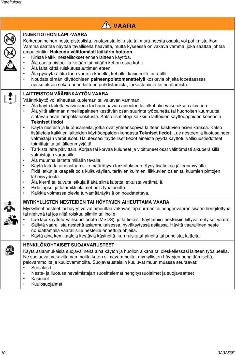 Kiristä kaikki nesteliitokset ennen laitteen käyttöä. Älä osoita pistoolilla ketään tai mitään kehon osaa kohti. Älä laita kättä ruiskutussuuttimen eteen.