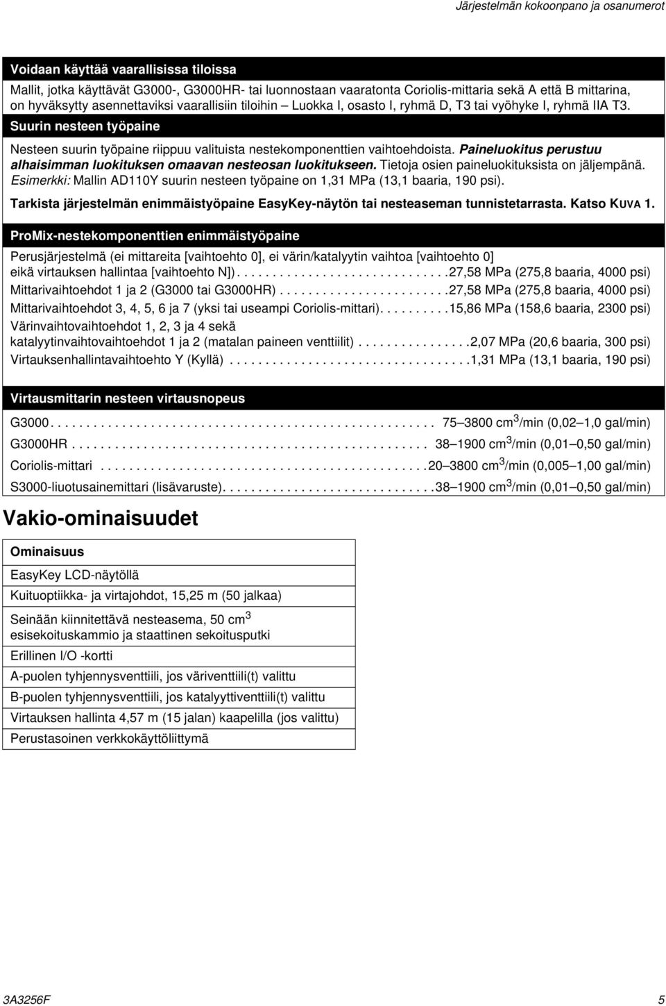 Suurin nesteen työpaine Nesteen suurin työpaine riippuu valituista nestekomponenttien vaihtoehdoista. Paineluokitus perustuu alhaisimman luokituksen omaavan nesteosan luokitukseen.