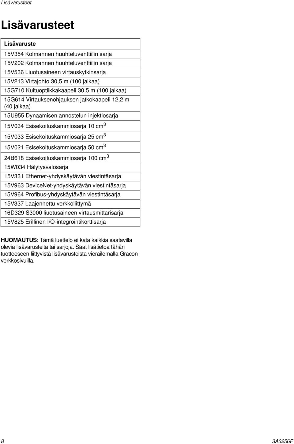 15V033 Esisekoituskammiosarja 25 cm 3 15V021 Esisekoituskammiosarja 50 cm 3 24B618 Esisekoituskammiosarja 100 cm 3 15W034 Hälytysvalosarja 15V331 Ethernet-yhdyskäytävän viestintäsarja 15V963