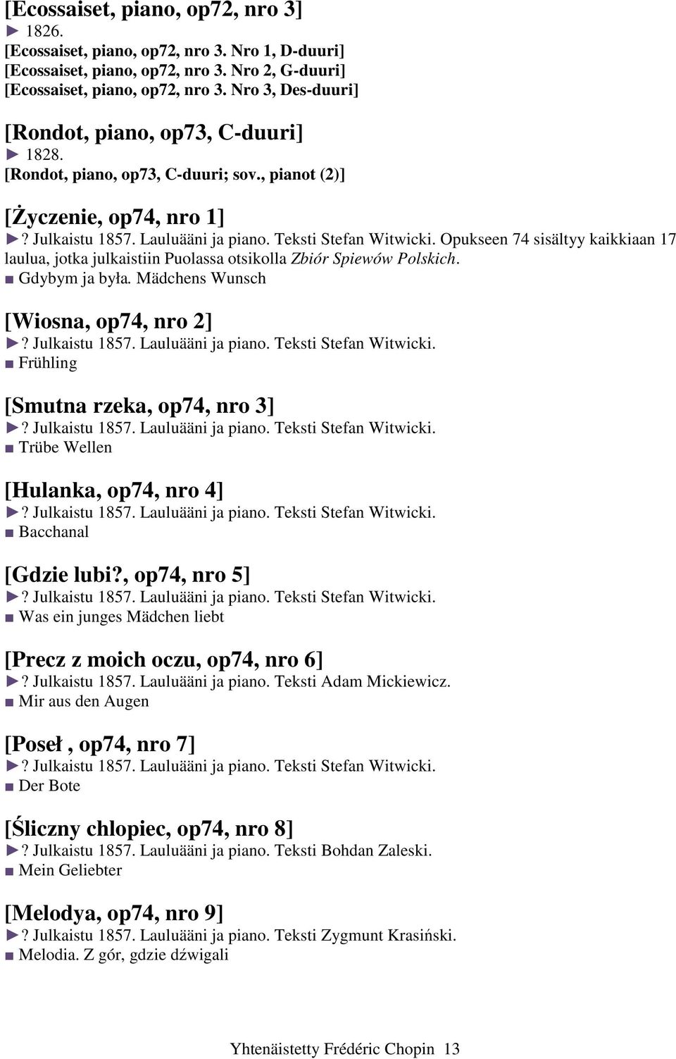 Opukseen 74 sisältyy kaikkiaan 17 laulua, jotka julkaistiin Puolassa otsikolla Zbiór Spiewów Polskich. Gdybym ja była. Mädchens Wunsch [Wiosna, op74, nro 2]? Julkaistu 1857. Lauluääni ja piano.