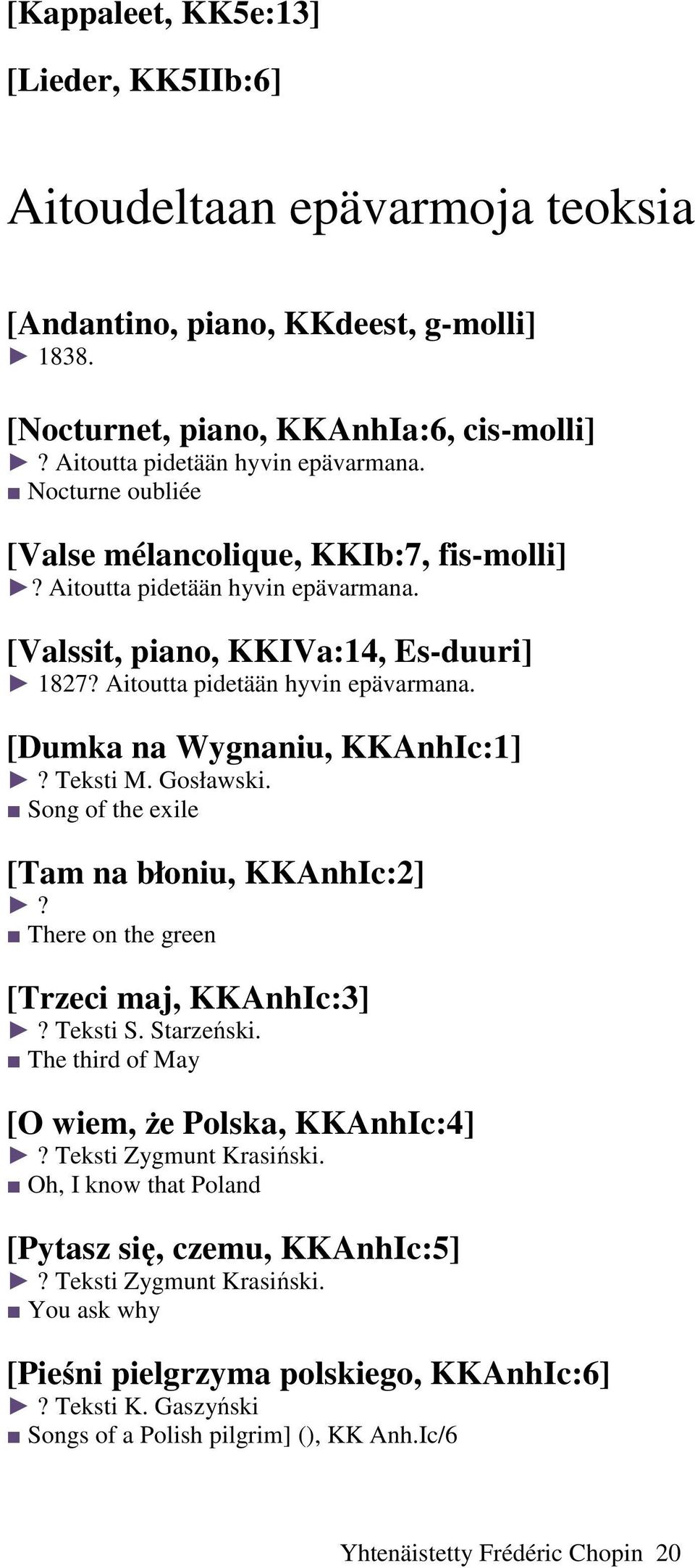 Teksti M. Gosławski. Song of the exile [Tam na błoniu, KKAnhIc:2]? There on the green [Trzeci maj, KKAnhIc:3]? Teksti S. Starzeński. The third of May [O wiem, że Polska, KKAnhIc:4]?