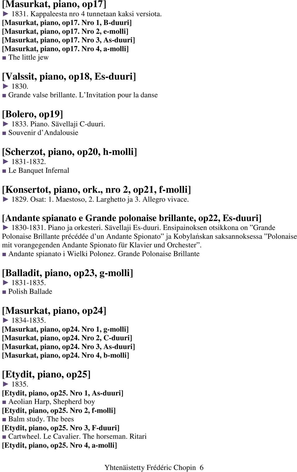 Sävellaji C-duuri. Souvenir d Andalousie [Scherzot, piano, op20, h-molli] 1831-1832. Le Banquet Infernal [Konsertot, piano, ork., nro 2, op21, f-molli] 1829. Osat: 1. Maestoso, 2. Larghetto ja 3.