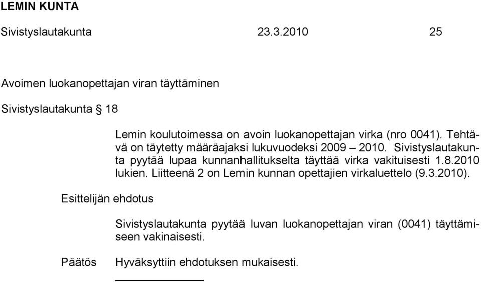 (nro 0041). Tehtävä on täytetty määräajaksi lukuvuodeksi 2009 2010.