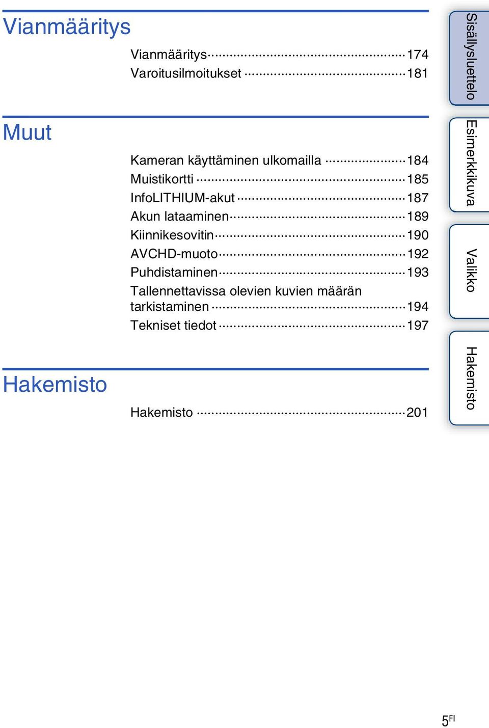 lataaminen 189 Kiinnikesovitin 190 AVCHD-muoto 192 Puhdistaminen 193