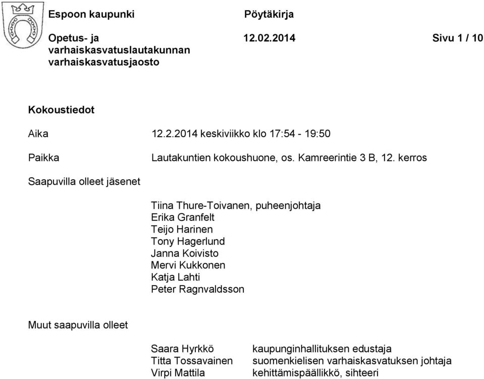 kerros Saapuvilla olleet jäsenet Tiina Thure-Toivanen, puheenjohtaja Erika Granfelt Teijo Harinen Tony Hagerlund Janna