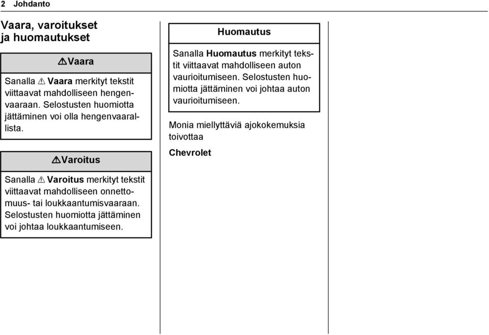 {Varoitus Huomautus Sanalla Huomautus merkityt tekstit viittaavat mahdolliseen auton vaurioitumiseen.