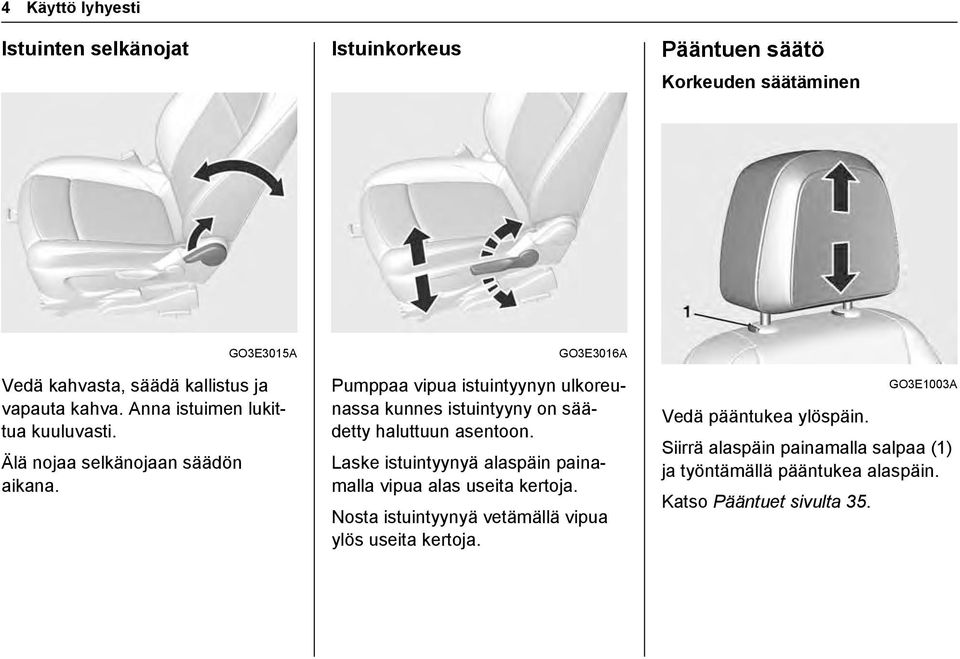 GO3E3016A Pumppaa vipua istuintyynyn ulkoreunassa kunnes istuintyyny on säädetty haluttuun asentoon.