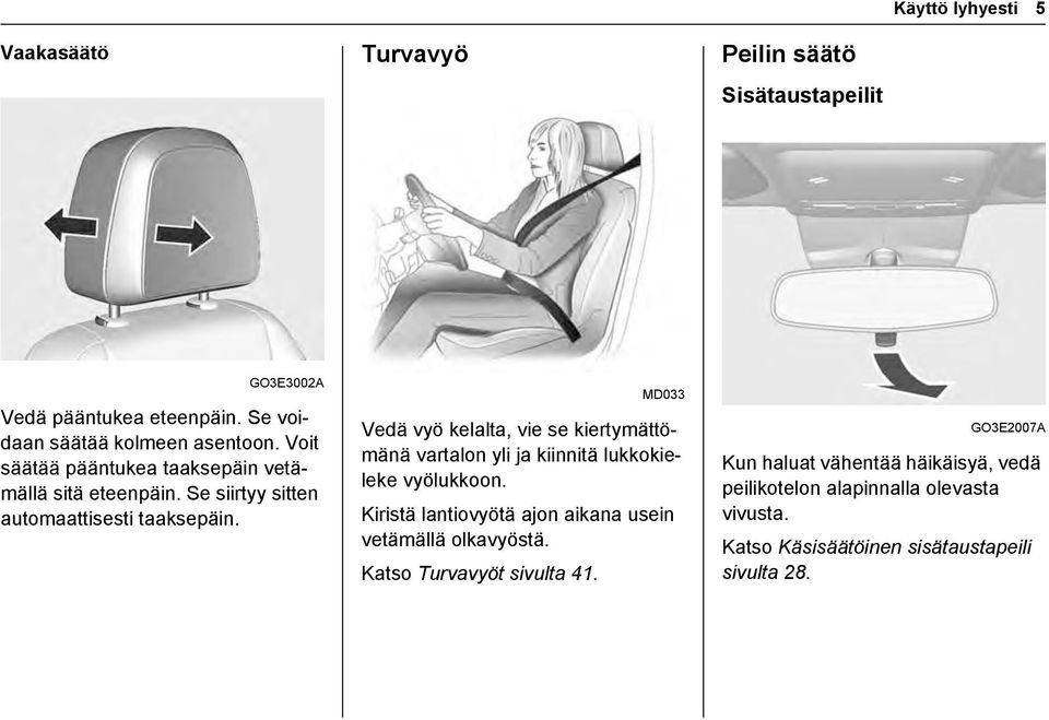 MD033 Vedä vyö kelalta, vie se kiertymättömänä vartalon yli ja kiinnitä lukkokieleke vyölukkoon.