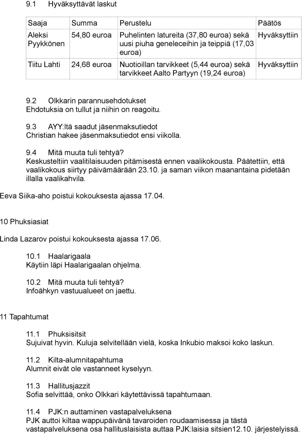 9.4 Mitä muuta tuli tehtyä? Keskusteltiin vaalitilaisuuden pitämisestä ennen vaalikokousta. Päätettiin, että vaalikokous siirtyy päivämäärään 23.10.