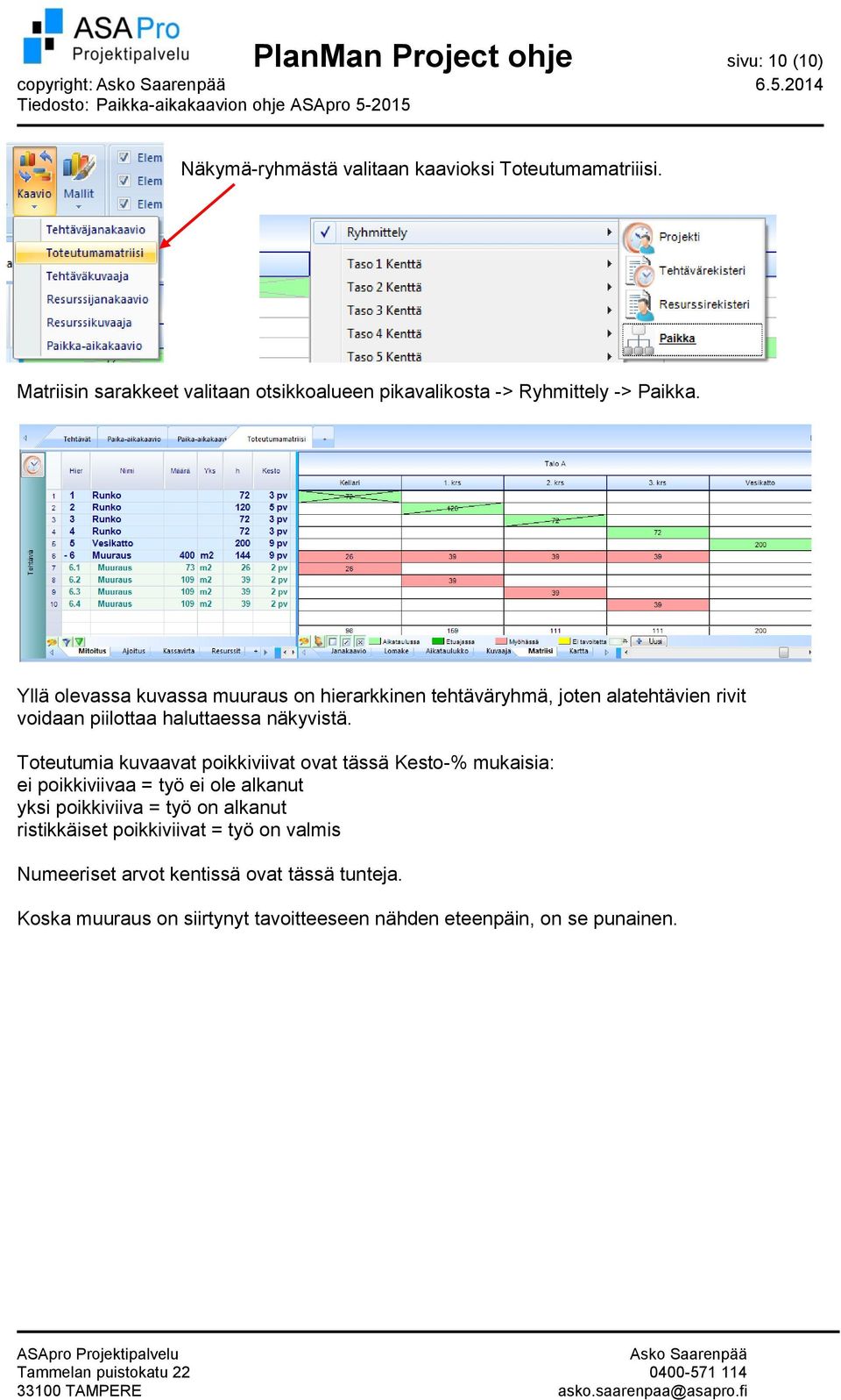 Yllä olevassa kuvassa muuraus on hierarkkinen tehtäväryhmä, joten alatehtävien rivit voidaan piilottaa haluttaessa näkyvistä.