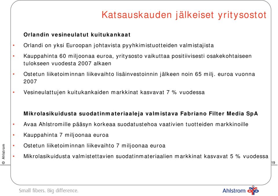 euroa vuonna 2007 Vesineulattujen kuitukankaiden markkinat kasvavat 7 % vuodessa Mikrolasikuidusta suodatinmateriaaleja valmistava Fabriano Filter Media SpA Avaa Ahlstromille pääsyn