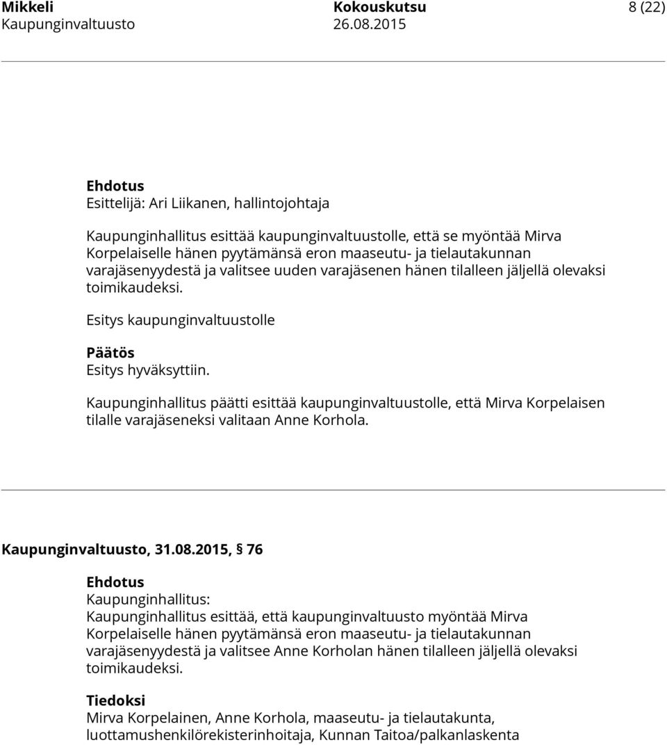 Kaupunginhallitus päätti esittää kaupunginvaltuustolle, että Mirva Korpelaisen tilalle varajäseneksi valitaan Anne Korhola. Kaupunginvaltuusto, 31.08.