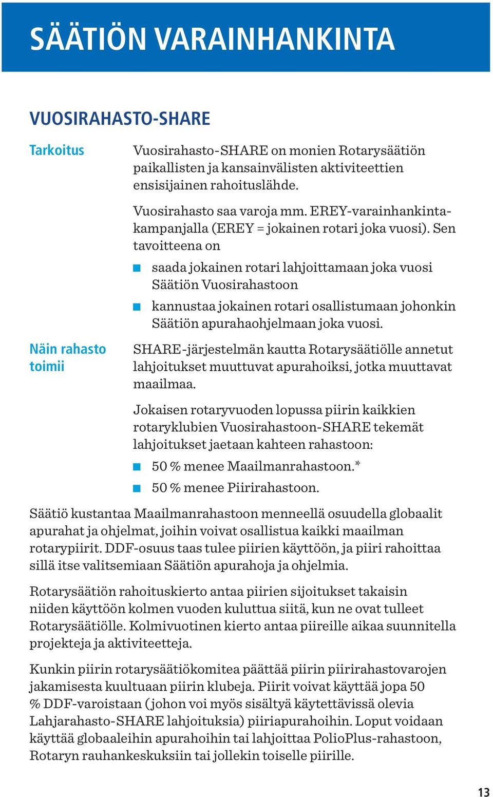 Sen tavoitteena on saada jokainen rotari lahjoittamaan joka vuosi Säätiön Vuosirahastoon kannustaa jokainen rotari osallistumaan johonkin Säätiön apurahaohjelmaan joka vuosi.