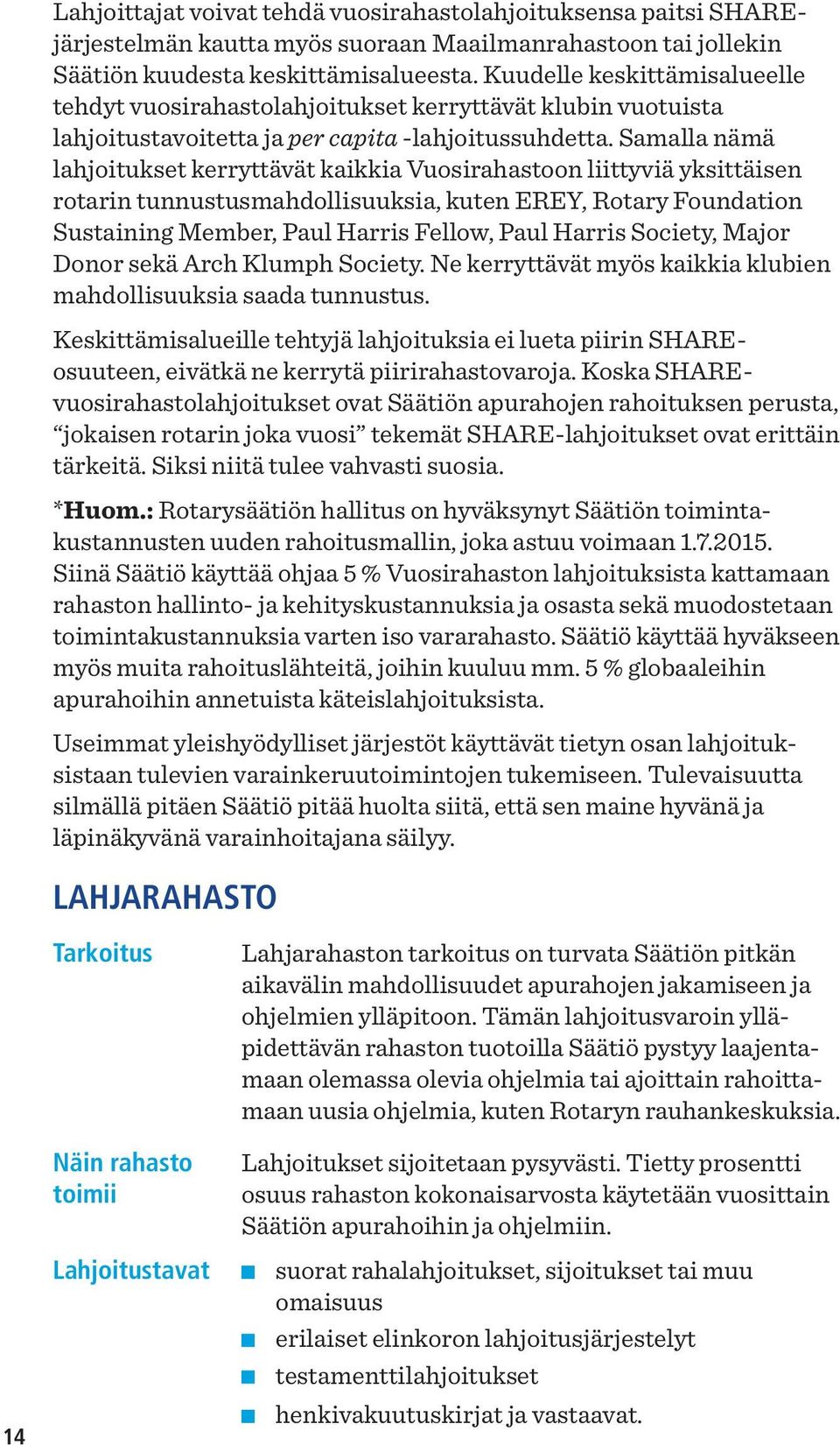 Samalla nämä lahjoitukset kerryttävät kaikkia Vuosirahastoon liittyviä yksittäisen rotarin tunnustusmahdollisuuksia, kuten EREY, Rotary Foundation Sustaining Member, Paul Harris Fellow, Paul Harris