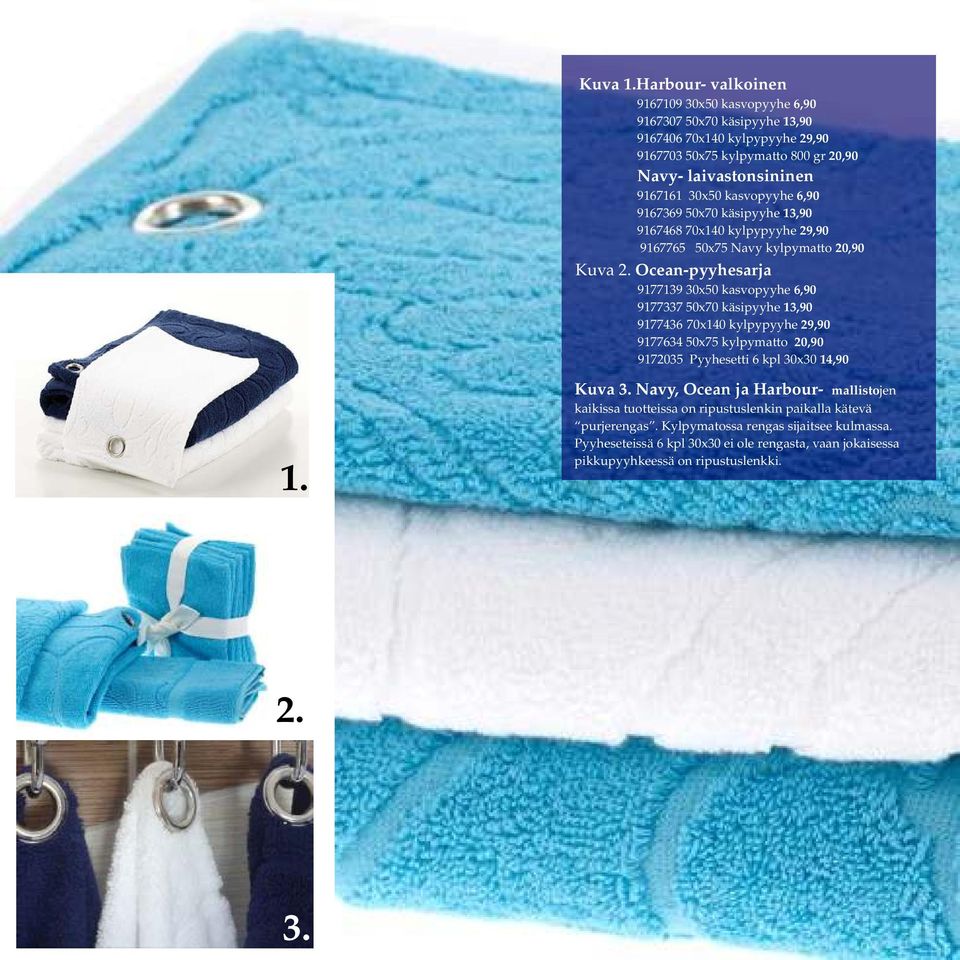 kasvopyyhe 6,90 9167369 50x70 käsipyyhe 13,90 9167468 70x140 kylpypyyhe 29,90 9167765 50x75 Navy kylpymatto 20,90 Kuva 2.