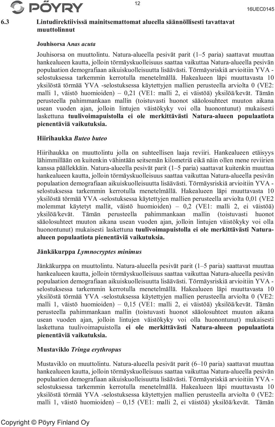 Hakealueen läpi muuttavasta 10 yksilöstä törmää YVA -selostuksessa käytettyjen mallien perusteella arviolta 0 (VE2: malli 1, väistö huomioiden) 0,21 (VE1: malli 2, ei väistöä) yksilöä/kevät.