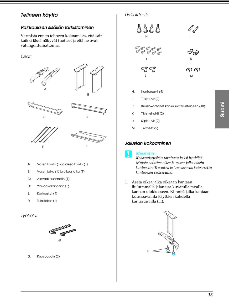 (1) ja oikea kanta (1) B: Vasen jalka (1) ja oikea jalka (1) C: Alavaakakannatin (1) D: Ylävaakakannatin (1) E: Korikoukut (4) F: Tulostekori (1) Jalustan kokoaminen Kokoamistyöhön tarvitaan kaksi