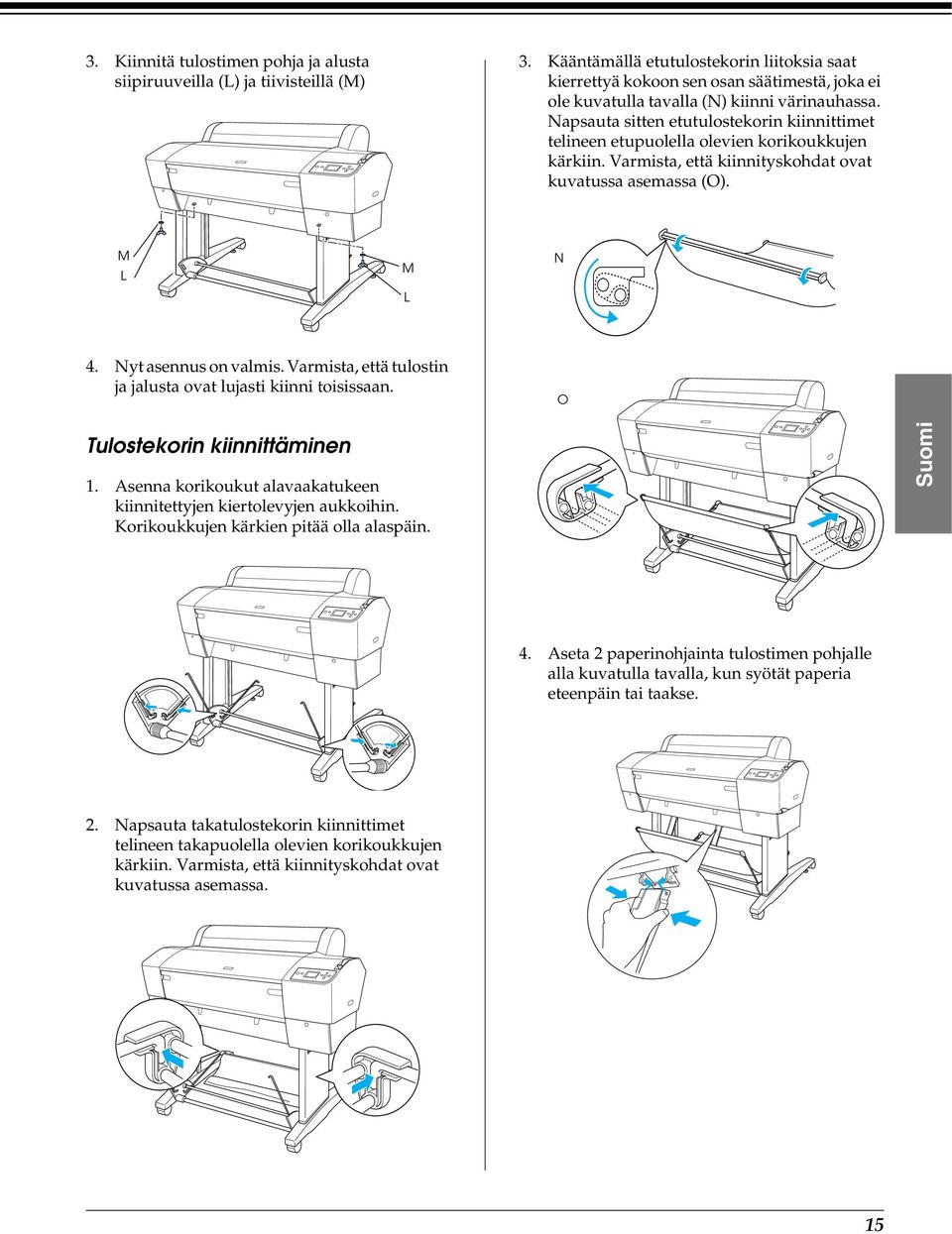 Napsauta sitten etutulostekorin kiinnittimet telineen etupuolella olevien korikoukkujen kärkiin. Varmista, että kiinnityskohdat ovat kuvatussa asemassa (O). M L M L N 4. Nyt asennus on valmis.