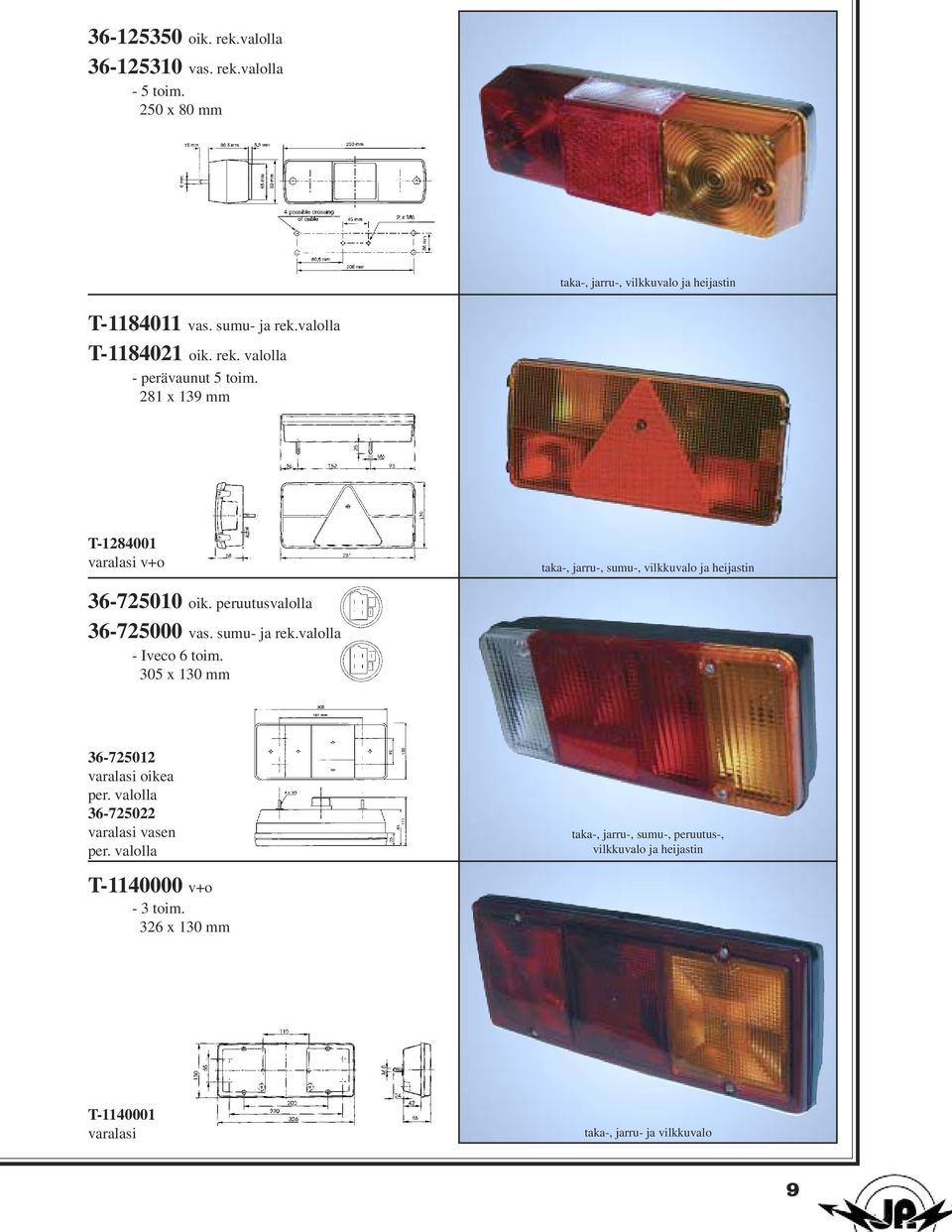 281 x 139 mm T-1284001 v+o taka-, jarru-, sumu-, vilkkuvalo ja heijastin 36-725010 oik. peruutusvalolla 36-725000 vas. sumu- ja rek.