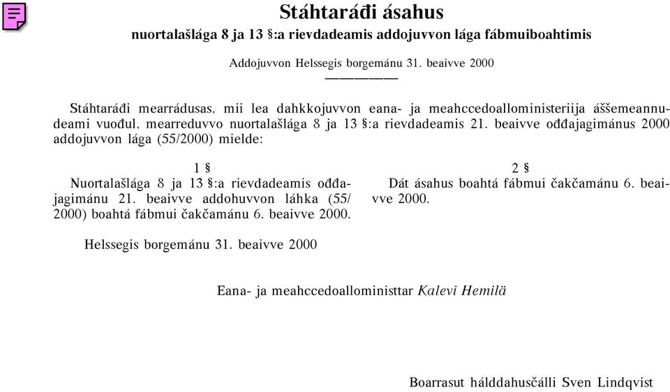 rievdadeamis 21. beaivve oππajagimánus 2000 addojuvvon lága (55/2000) mielde: 1 Nuortalaªlága 8 ja 13 :a rievdadeamis oππajagimánu 21.