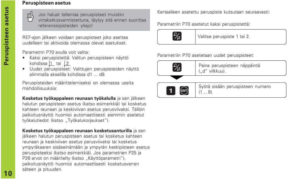 Parametrin P70 avulla voit valita: Kaksi peruspistettä: Valitun peruspisteen näyttö kohdissa 1 tai 2 Uudet peruspisteet: Valittujen peruspisteiden näyttö alimmalla akselilla kohdissa d1... d9.
