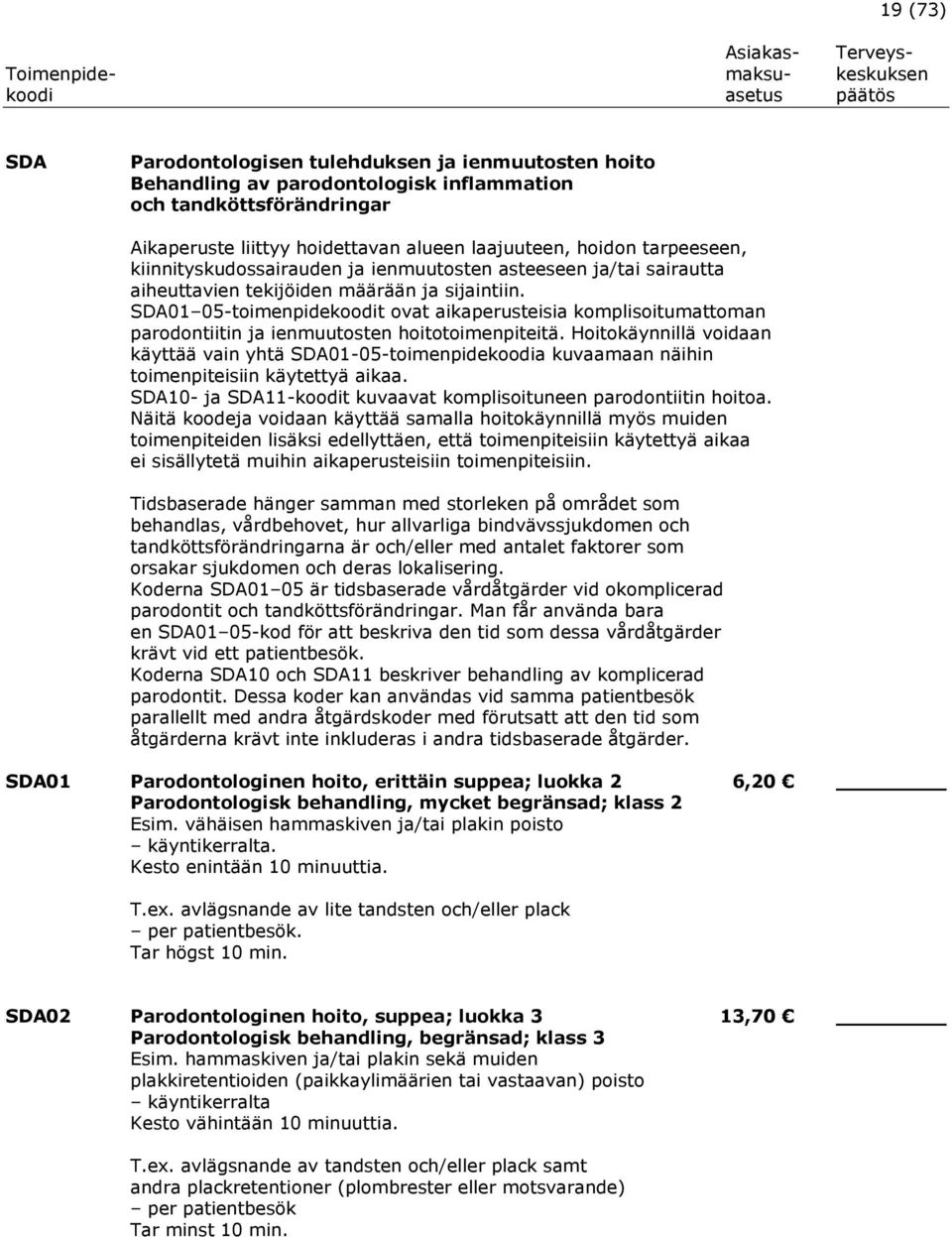 SDA01 05-toimenpidekoodit ovat aikaperusteisia komplisoitumattoman parodontiitin ja ienmuutosten hoitotoimenpiteitä.