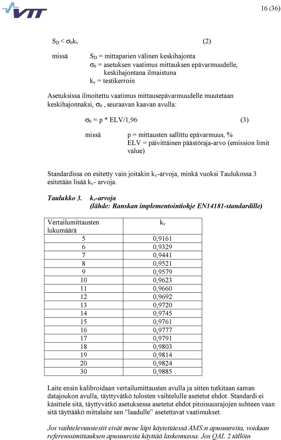 value) Standardissa on esitetty vain joitakin k v arvoja, minkä vuoksi Taulukossa esitetään lisää k v arvoja. Taulukko.