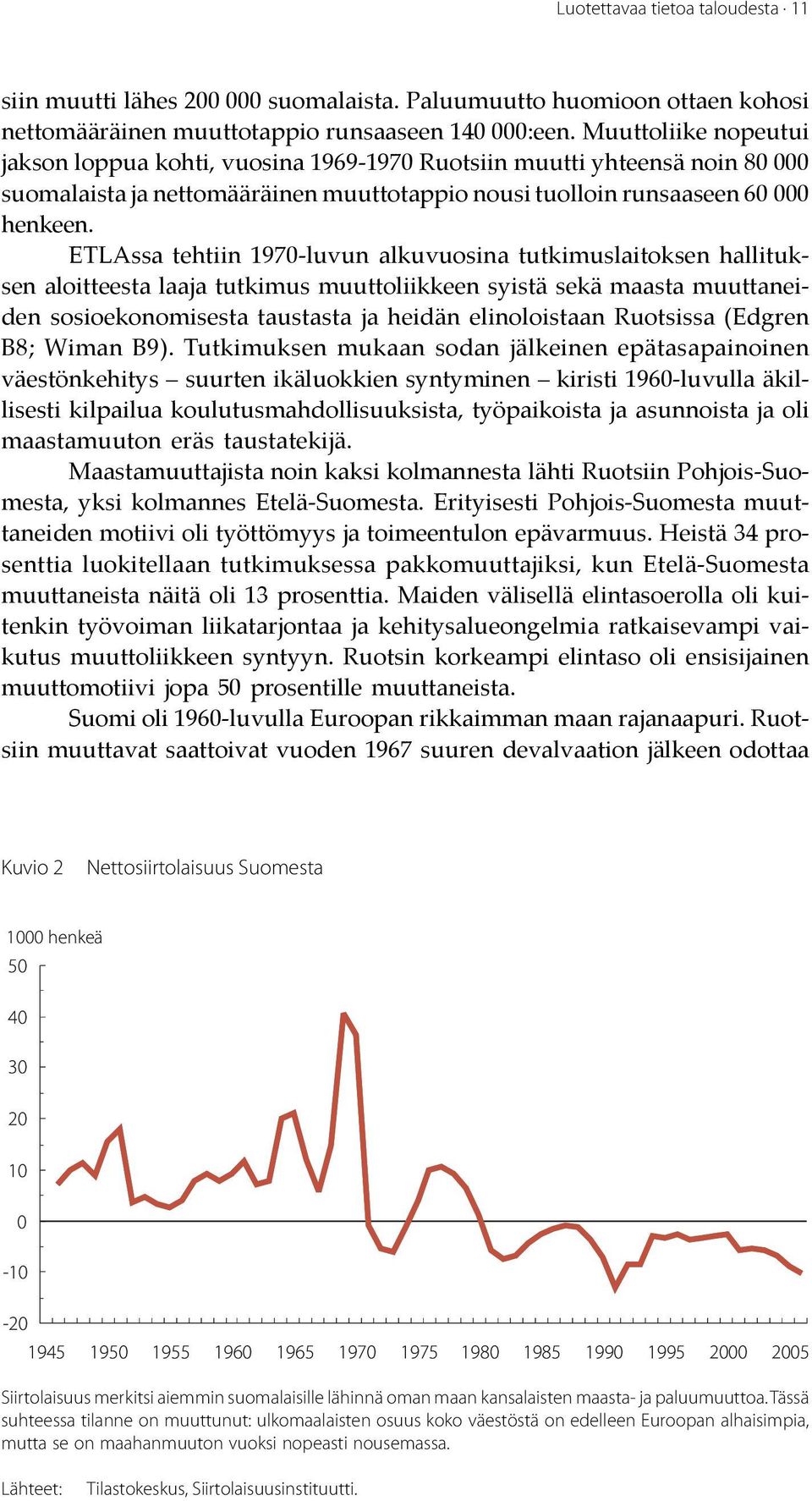 ETLAssa tehtiin 1970-luvun alkuvuosina tutkimuslaitoksen hallituksen aloitteesta laaja tutkimus muuttoliikkeen syistä sekä maasta muuttaneiden sosioekonomisesta taustasta ja heidän elinoloistaan