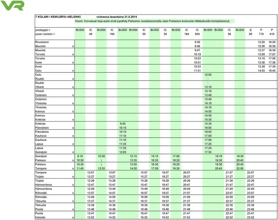 16:36 Muurola 9:47 12:37 16:39 Tervola o 10:19 13:09 17:07 Tervola 10:23 13:10 17:08 Kemi o 10:51 13:36 17:36 Kemi 10:53 13:38 17:39 Oulu o 11:51 14:55 18:45 Oulu 12:05 Ruukki o : Ruukki : Vihanti o