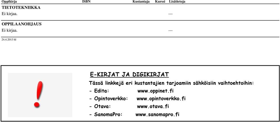 4.2013 hl E-KIRJAT JA DIGIKIRJAT Tässä linkkejä eri kustantajien