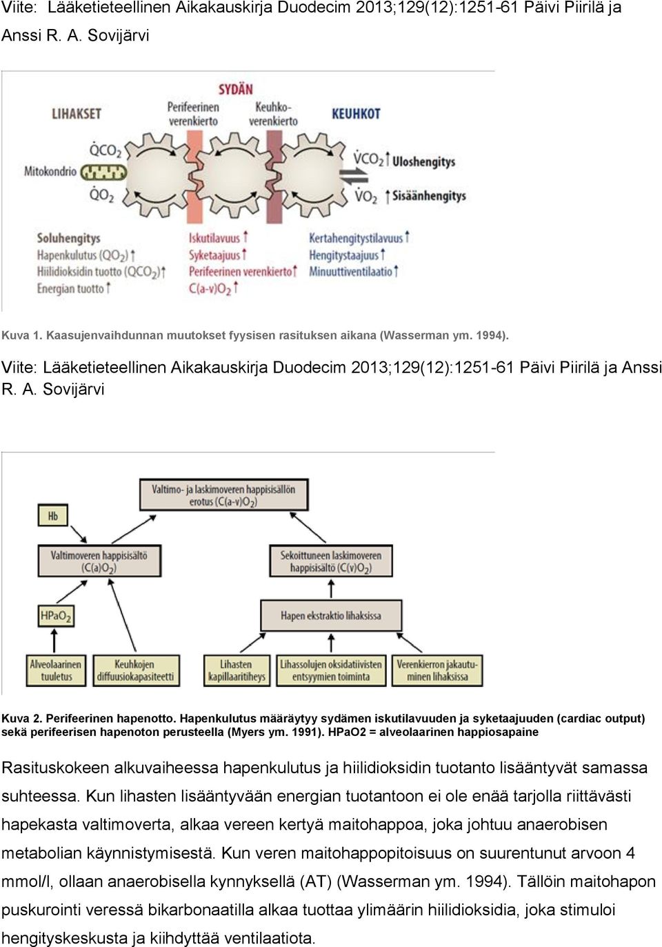 Hapenkulutus määräytyy sydämen iskutilavuuden ja syketaajuuden (cardiac output) sekä perifeerisen hapenoton perusteella (Myers ym. 1991).