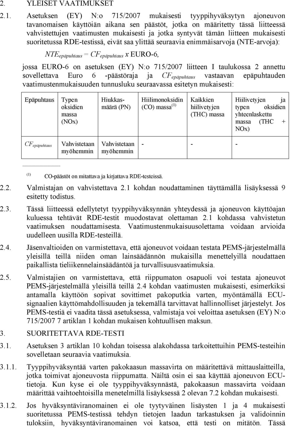 syntyvät tämän liitteen mukaisesti suoritetussa RDE-testissä, eivät saa ylittää seuraavia enimmäisarvoja (NTE-arvoja): NTE epäpuhtaus = CF epäpuhtaus x EURO-6, jossa EURO-6 on asetuksen (EY) N:o