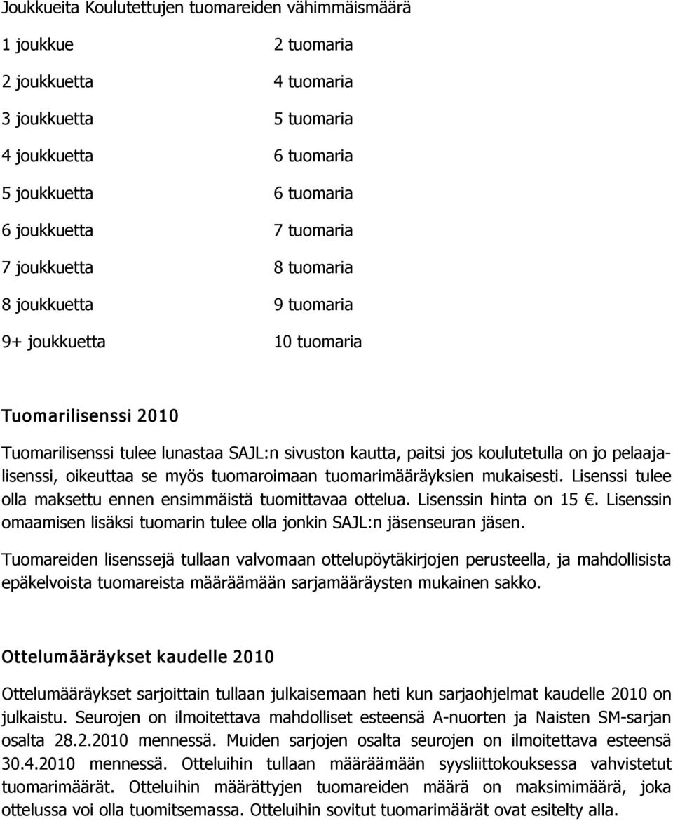 oikeuttaa se myös tuomaroimaan tuomarimääräyksien mukaisesti. Lisenssi tulee olla maksettu ennen ensimmäistä tuomittavaa ottelua. Lisenssin hinta on 15.