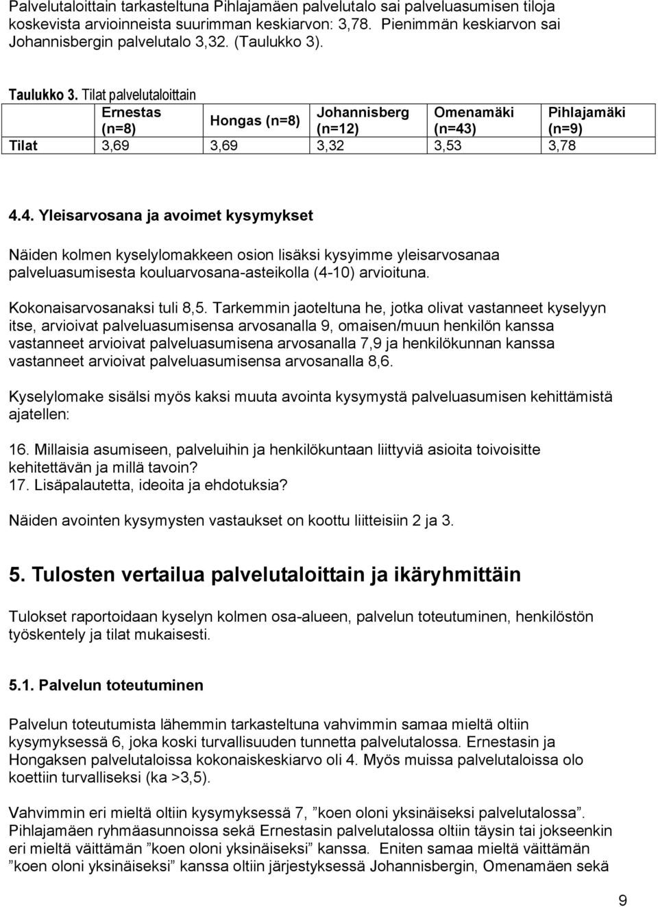 . Yleisarvosana ja avoimet kysymykset Näiden kolmen kyselylomakkeen osion lisäksi kysyimme yleisarvosanaa palveluasumisesta kouluarvosana-asteikolla (-) arvioituna. Kokonaisarvosanaksi tuli 8,5.