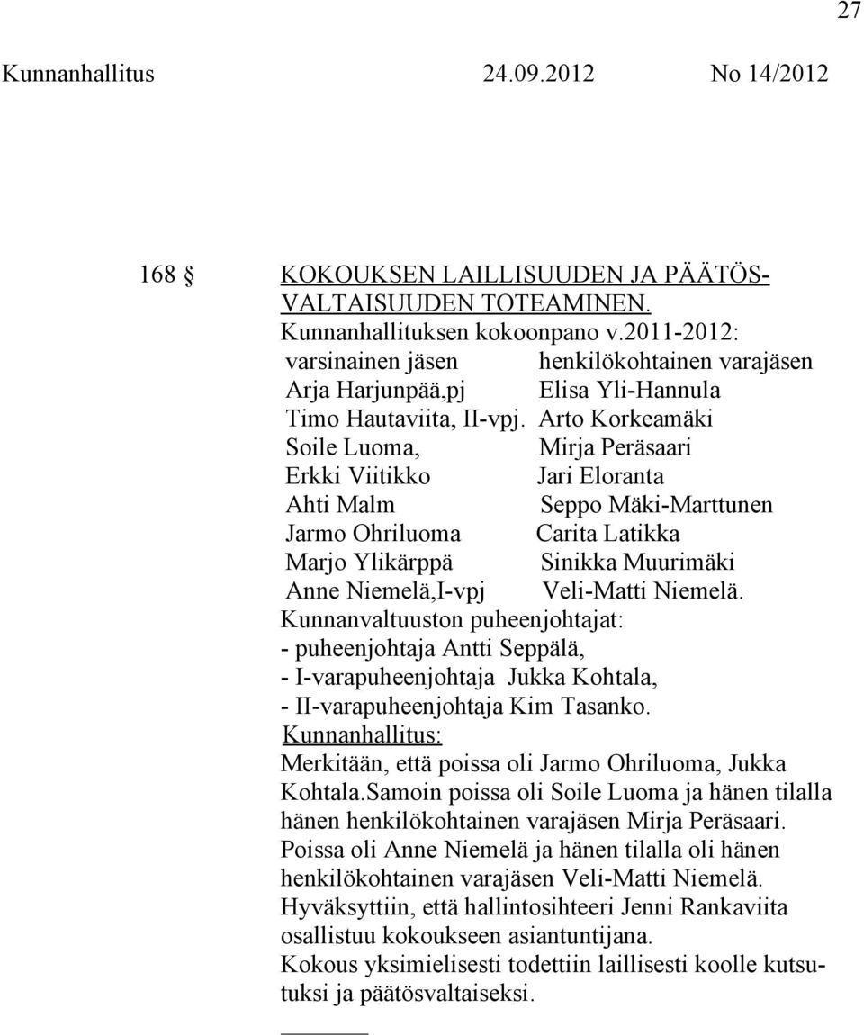 Arto Korkeamäki Soile Luoma, Mirja Peräsaari Erkki Viitikko Jari Eloranta Ahti Malm Seppo Mäki-Marttunen Jarmo Ohriluoma Carita Latikka Marjo Ylikärppä Sinikka Muurimäki Anne Niemelä,I-vpj Veli-Matti