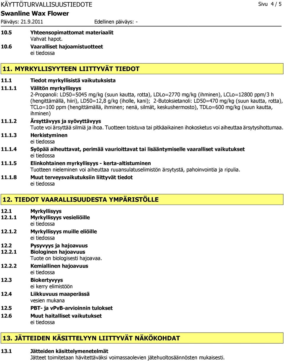 g/kg (iholle, kani); 2-Butoksietanoli: LD50=470 mg/kg (suun kautta, rotta), TCLo=100 ppm (hengittämällä, ihminen; nenä, silmät, keskushermosto), TDLo=600 mg/kg (suun kautta, ihminen) 11.1.2 Ärsyttävyys ja syövyttävyys Tuote voi ärsyttää silmiä ja ihoa.