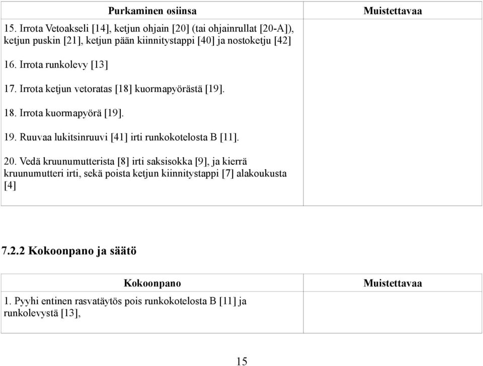 Irrota runkolevy [3] 7. Irrota ketjun vetoratas [8] kuormapyörästä [9]. 8. Irrota kuormapyörä [9]. 9.