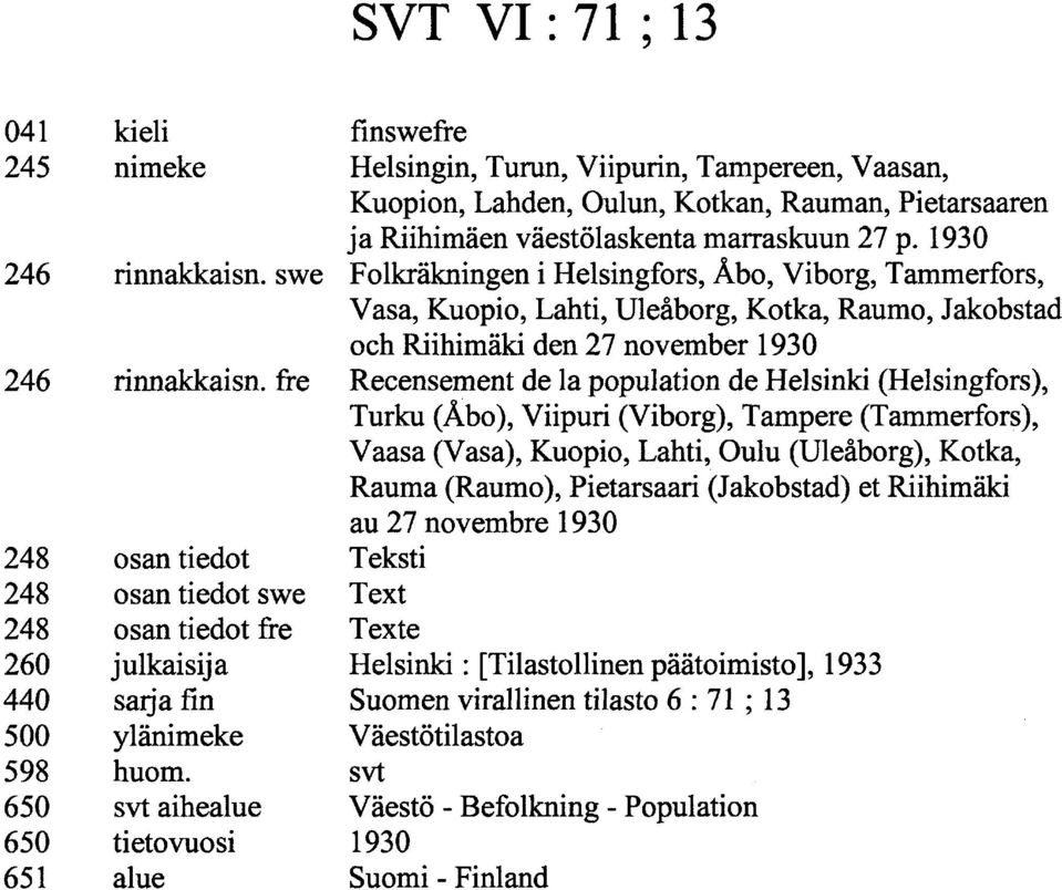 0 Folkräkningen i Helsingfors, Åbo, Viborg, Tammerfors, Vasa, Kuopio, Lahti, Uleåborg, Kotka, Raumo, Jakobstad och Riihimäki den 2 november 0 Recensement de la population de Helsinki (Helsingfors),